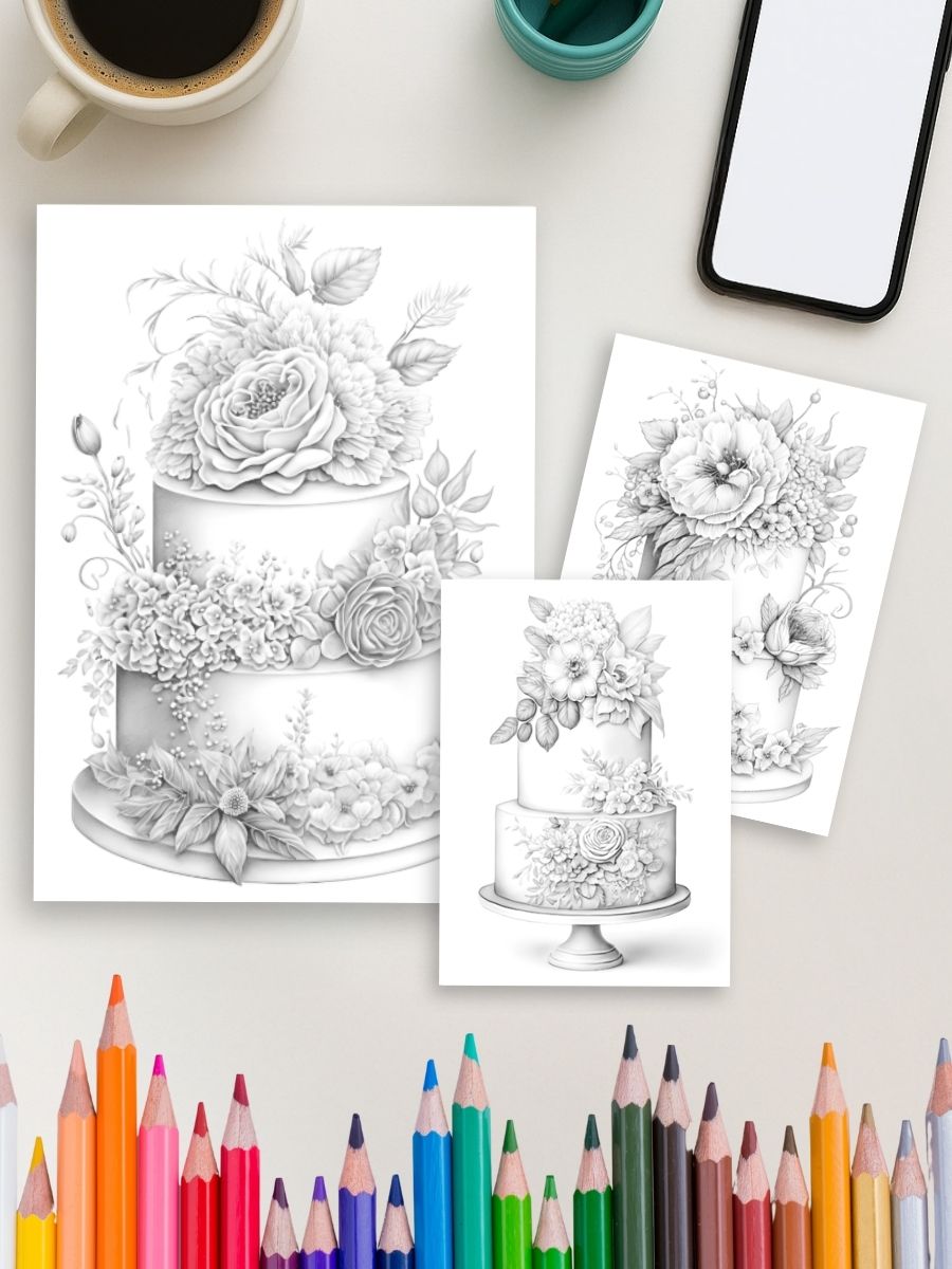 Sweet Floral Cakes – 25 Wedding Cake Coloring Pages - Image 4